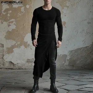 INCERUN Men's 2025 Long Knit Round-Neck T-Shirt with High Slit and Irregular Hem, Perfect for Casual Gatherings.