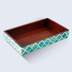 Handicrafts Home Handmade Moroccan Bone & Resin Inlay Green White BathroomTray Organizer -10x16”