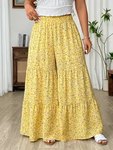 Plus Size Women's Ditsy Floral Flare Pants, Elastic Waist Ruffle Hem, Bohemian Style, All Seasons, Casual Vacation Beach Wear