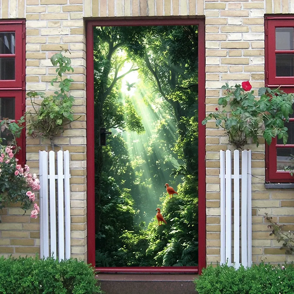 2pcs Tropical Forest Sunlight Wall Stickers Nature Scenery Decorative Decals Self Adhesive Mural for Bedroom Living Room Green Plants Flamingo Creative Home Decor Removable Eco Friendly PVC Material  C