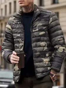 Men's Fashion Casual Camo Cotton Jacket, Camouflage, Loose Fit Zipper Pockets Stand Collar Long Sleeve, Outdoor Travel Streetwear, Christmas Gift