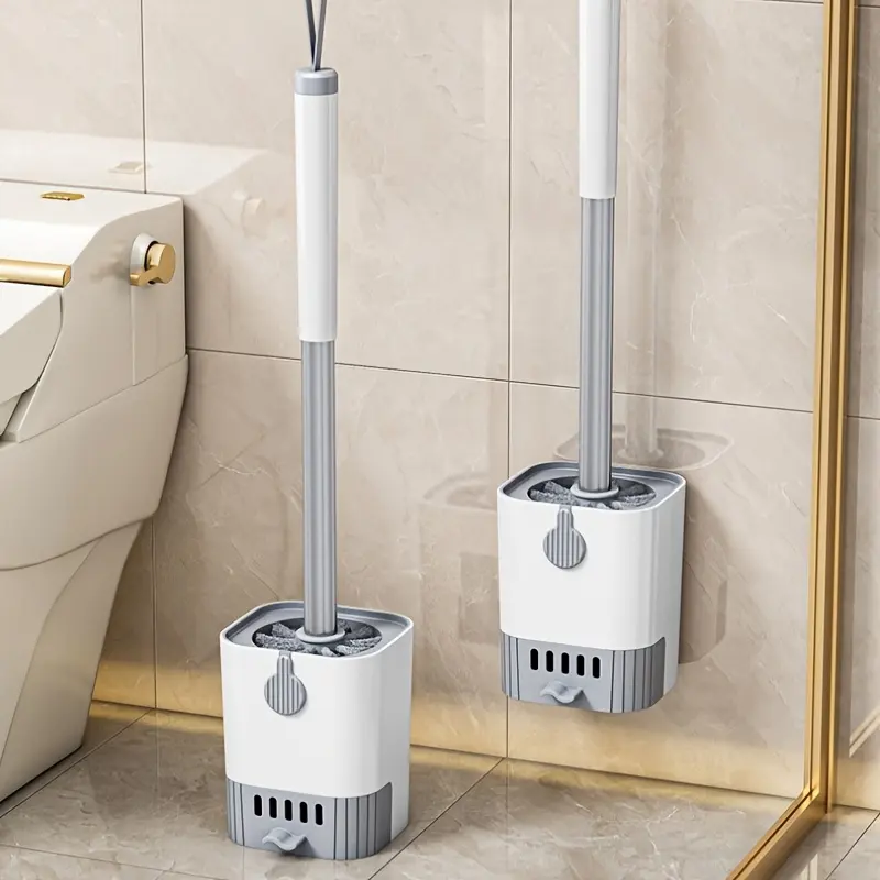 Wall Mounted Toilet Brush Set with Stand, Long-Reach Handle Bathroom Accessory, Sturdy Flexible Hard Plastic Reusable Toilet Cleaning System, Reaches Hard-to-Clean Spots, Stand Keeps Brush in Place