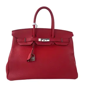 Pre-owned HERMÈS calfskin leather Messenger Bags Birkin 35, Rouge Casaque Togo Calfskin, Silver Hardware++Bag charm++