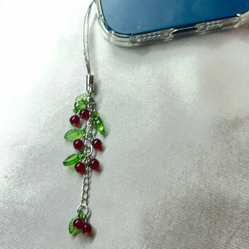 Cute Cherry Fruit Phone Charm with Red Berries and Green Leaves Accessory for Your Device