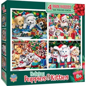 Holiday Puppies & Kitties 4-Pack 100 Piece Jigsaw Puzzles