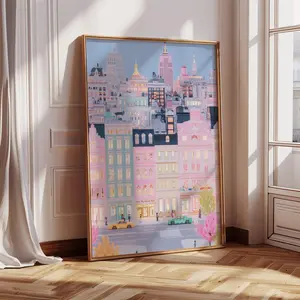 New York City Print NYC Toy Figure Scene Poster, Pastel NYC Print, Game Wall Art Trendy New York City Decor, New York Pink Wall Art, Room House gift