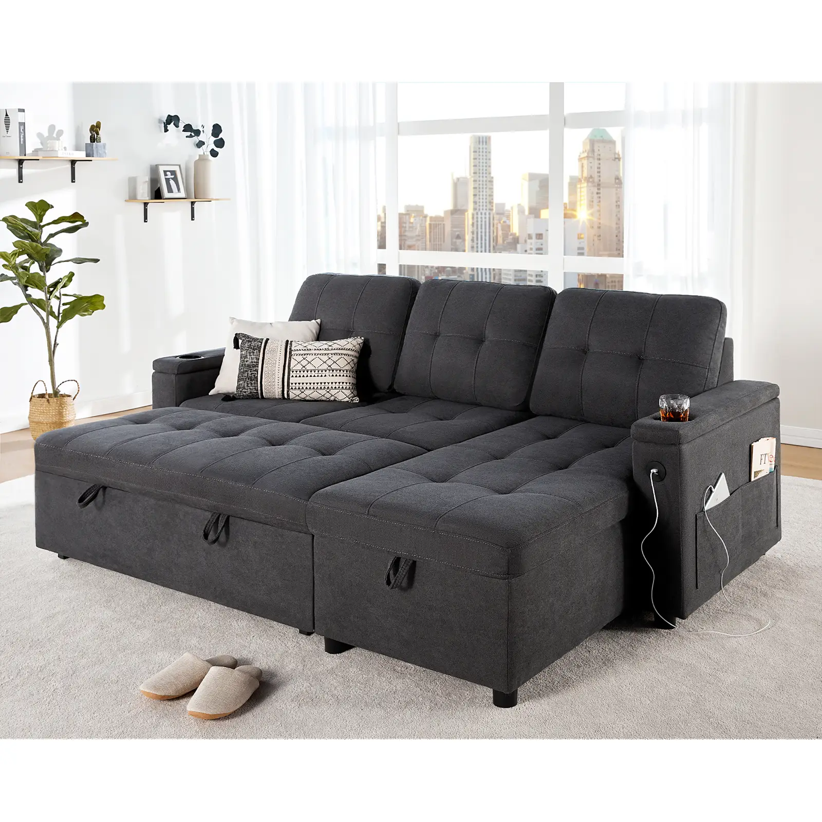 【Ships in 2 Boxes】AMERLIFE Sleeper Sofa, Modern Tufted Convertible Sofa Bed, USB Charging Ports & Cup Holders, Couch with Storage Chaise/Christmas Gif