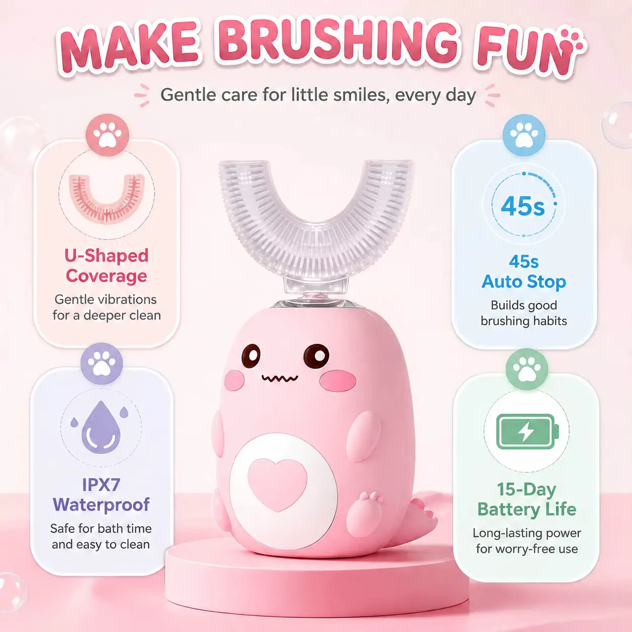 Children's U-Shaped Electric Toothbrush with 2 U-Shaped & 2 Standard Brush Heads, Automatic Cleaning Toothbrush for Ages 2-14, Soft Silicone Bristles, Waterproof