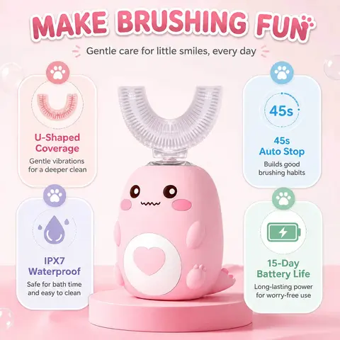Children's U-Shaped Electric Toothbrush with 2 U-Shaped & 2 Standard Brush Heads, Automatic Cleaning Toothbrush for Ages 2-14, Soft Silicone Bristles, Waterproof