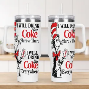 Dr. Seuss Cat In The Hat Inspired Diet Coke 40oz Tumbler With Handle & Straw, "I Will Drink Diet Coke Here or There, I Will Drink Diet Coke Everywhere" Funny Coffee Travel Mug, Vacuum Insulated Stainless Steel Cup, Soda Lover Gift, Red & White Drinkware