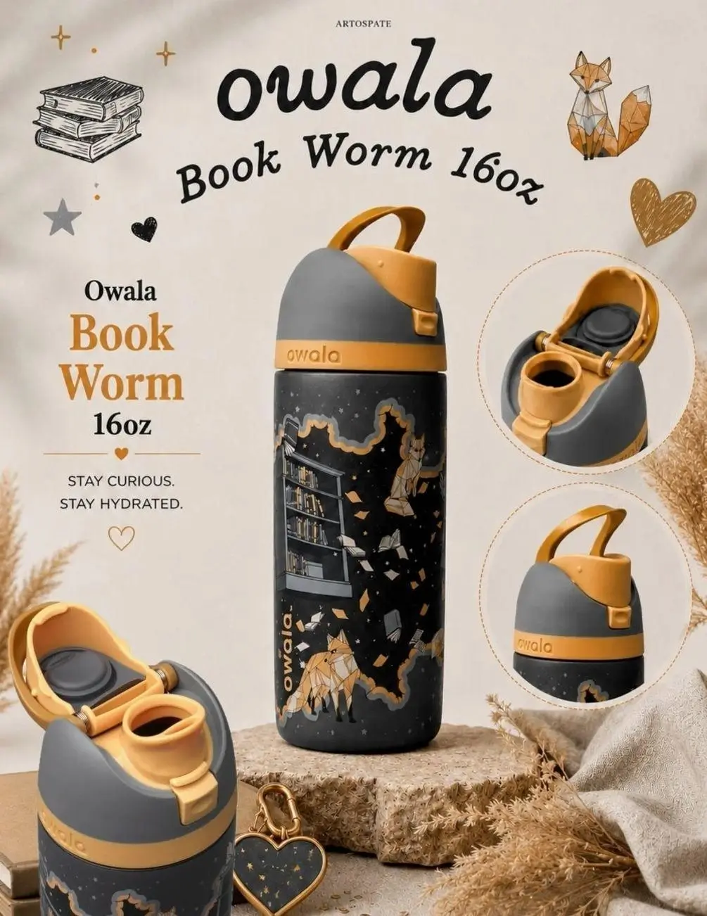 [BACK TO SCHOOL] Owala Book Worm 16oz FreeSip Water Bottle | Book Club Collection Back-to-School Insulated Stainless Steel Bottle for Kids, Students, Reading Time & Lunch Bags KZ