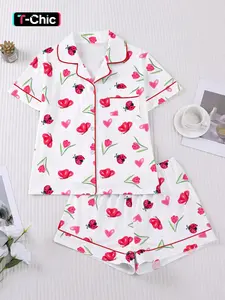 Summer Women's Short Sleeve Pajama Set Pjs, Cute Ladybug & Tulip Print, Soft Breathable Loungewear for Lazy Days