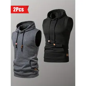 [Sleeveless Hooded Tank] 2pcs Casual Sleeveless Hooded Jacquard Tank Top - Men's Drawstring And Kangaroo Pocket Outdoor Running Jogging Training