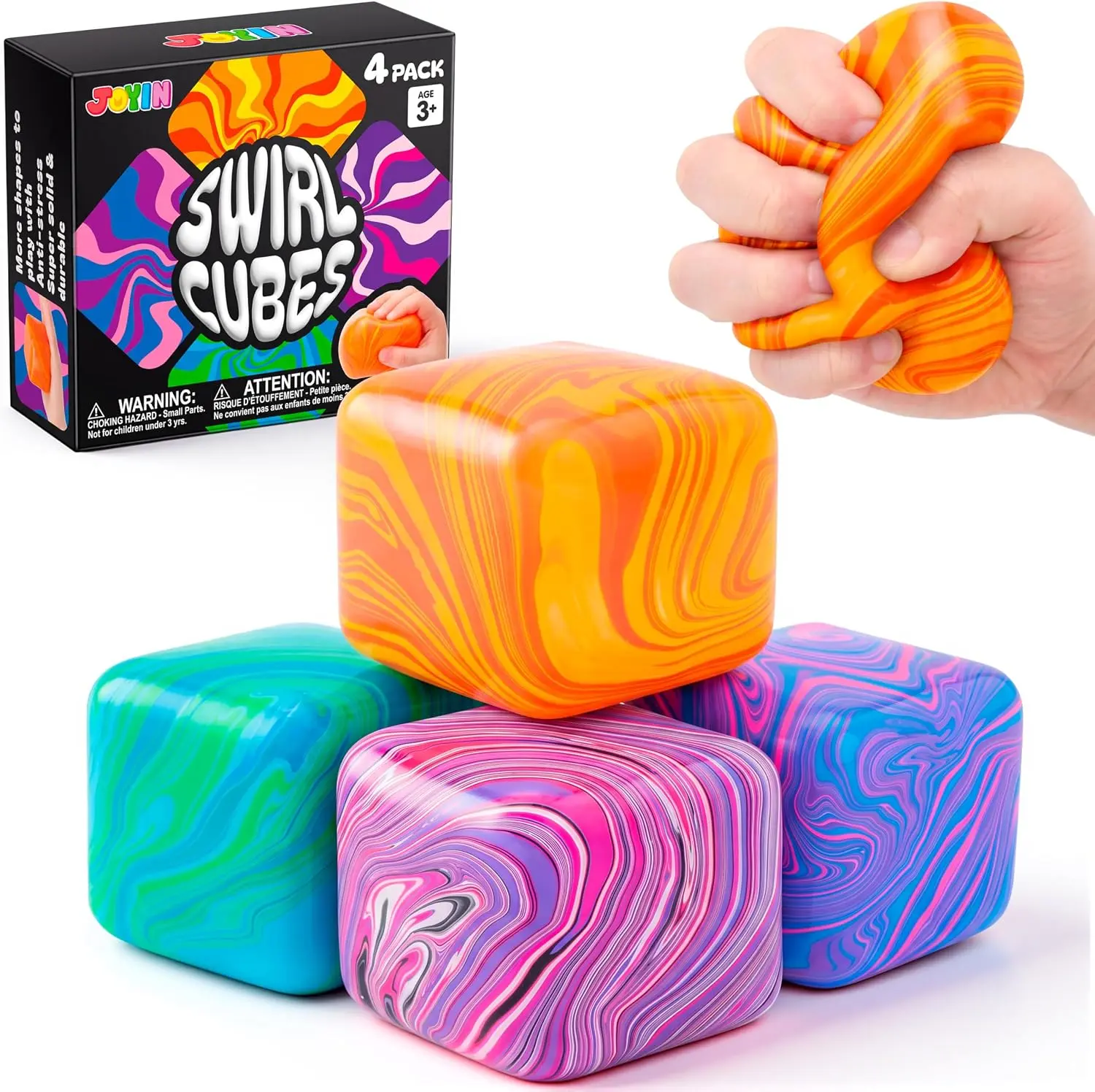 JOYIN 4Pcs Swirl Ice Cube Set, Stress Relief Cube Fidget Toys with Marble Patterns for Kids & Adults, Squeeze Cubes, Carnival Prizes & Party Favors, Birthday Party Supplies, Classroom Rewards