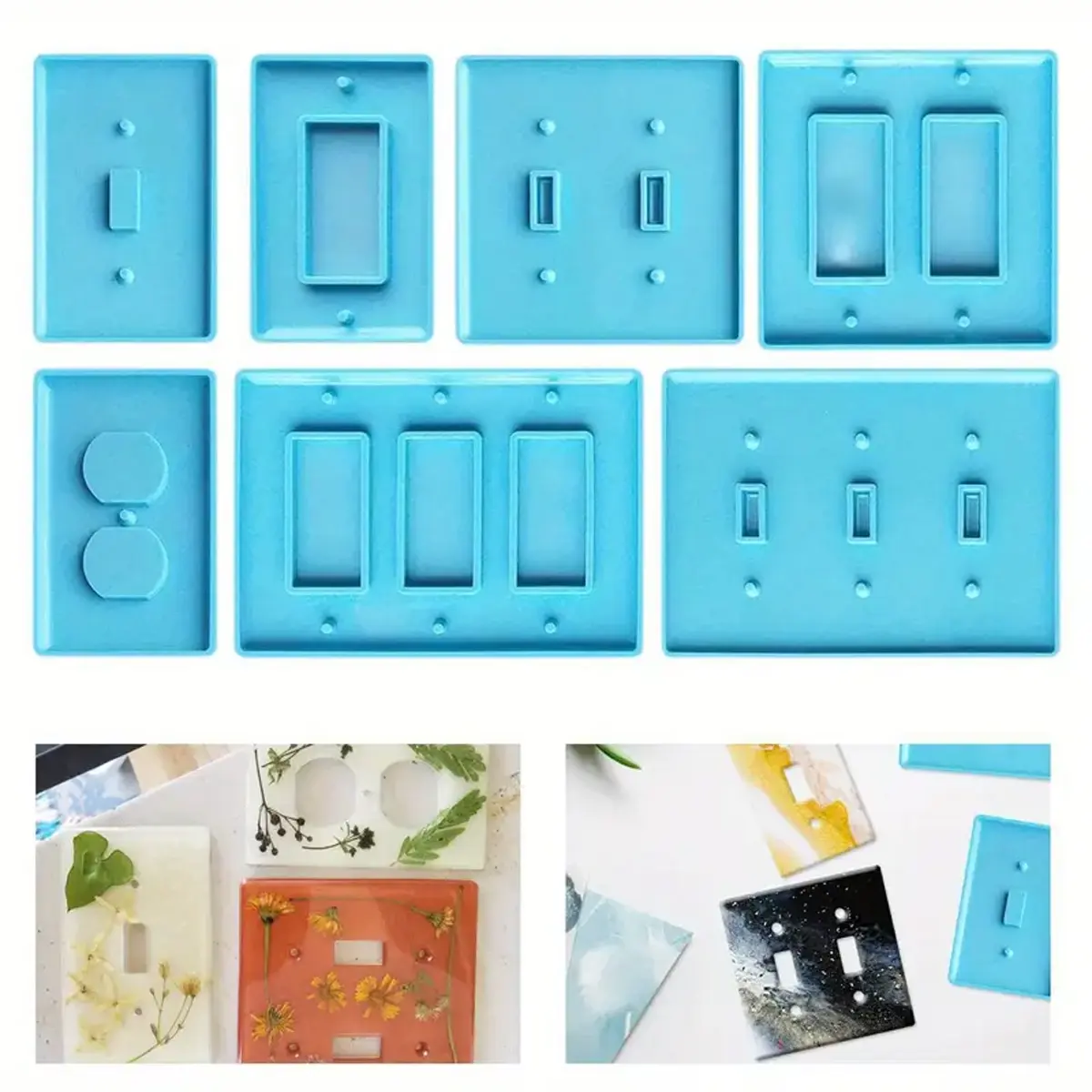 7Pcs Resin Light Switch Cover Silicone Molds for Epoxy Resin Switch Plates, DIY Crafts, Gold Leaf, Glitters, Home Decor, Easy-Remove, Reusable, Smooth Interiors (4.92x2.95, 4.72x4.72, 6.69x4.84 Inches)
