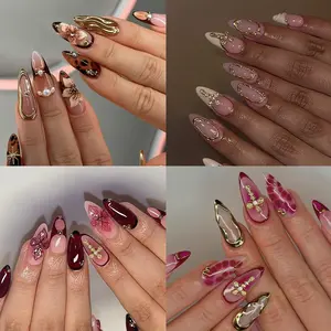 Long Almond Flower Press-On Nails Set, French Leopard Gold Edge Design, Easy Wear Acrylic Fake Nails, Perfect for Parties and Daily Use, Acrylic Almond Shape