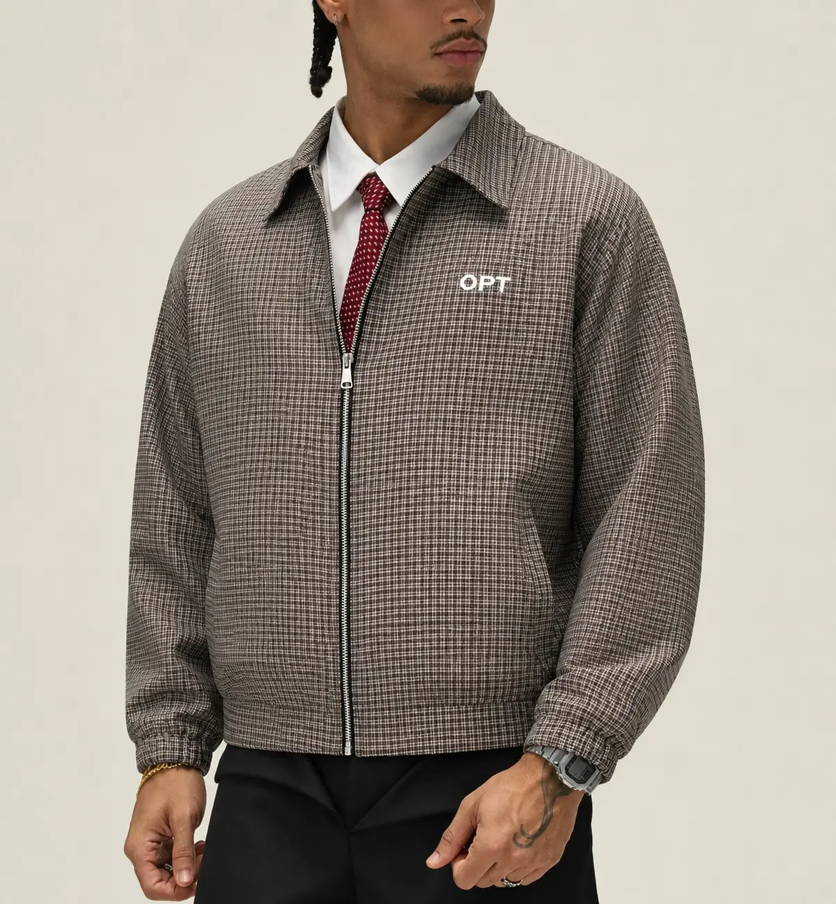 Men's casual jacket, INS street style plaid zipper wide irends loose coat, suitable for all seasons, suitable for music festivals and daily wear, gift for boyfriend/husband, Y2K style