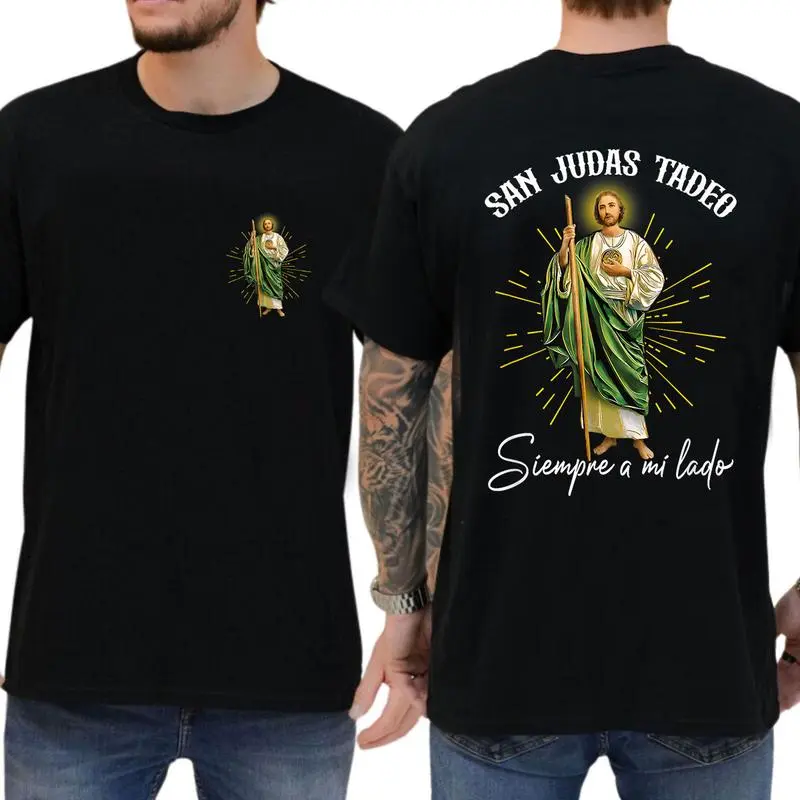 SanJudas Tadeo Siempre A Mi Lado Spanish Jesus Shirt, Jesus Always By My Side Unisex 2 Sides T-Shirt Cotton Fabric