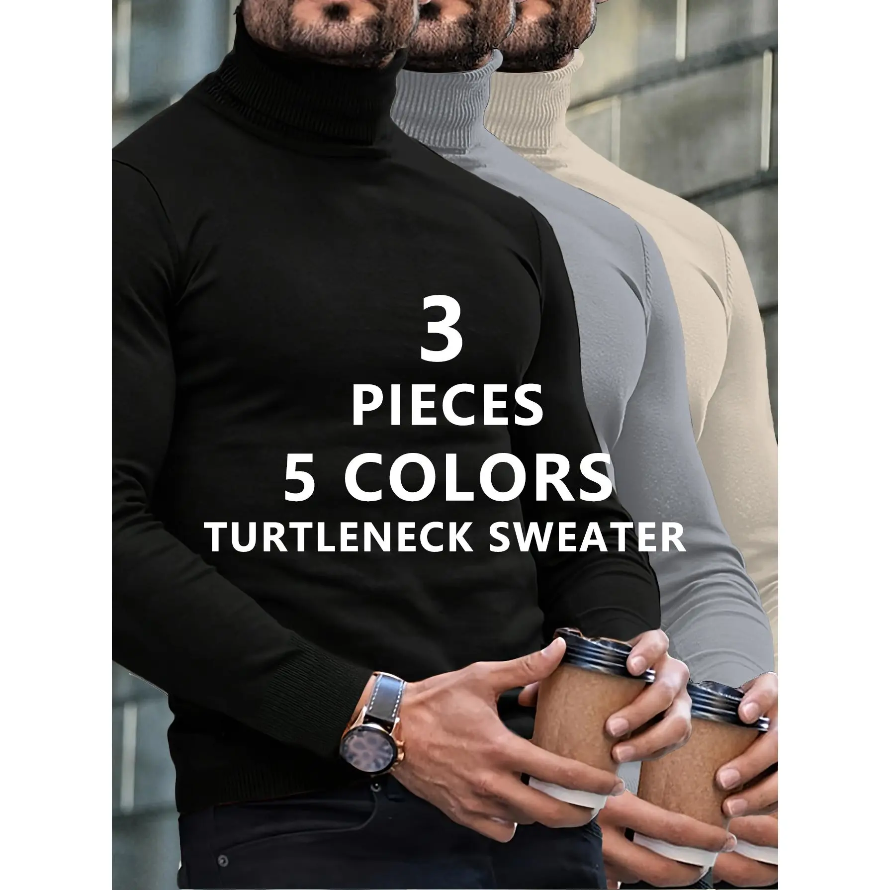 3 Pack Men’s Plus Size Turtleneck Knit Sweater 3XL-6XL, Soft Stretch Thermal Long Sleeve Pullover Tops, Windproof Ribbed Collar Base Layer for Fall Winter Business Casual Wear