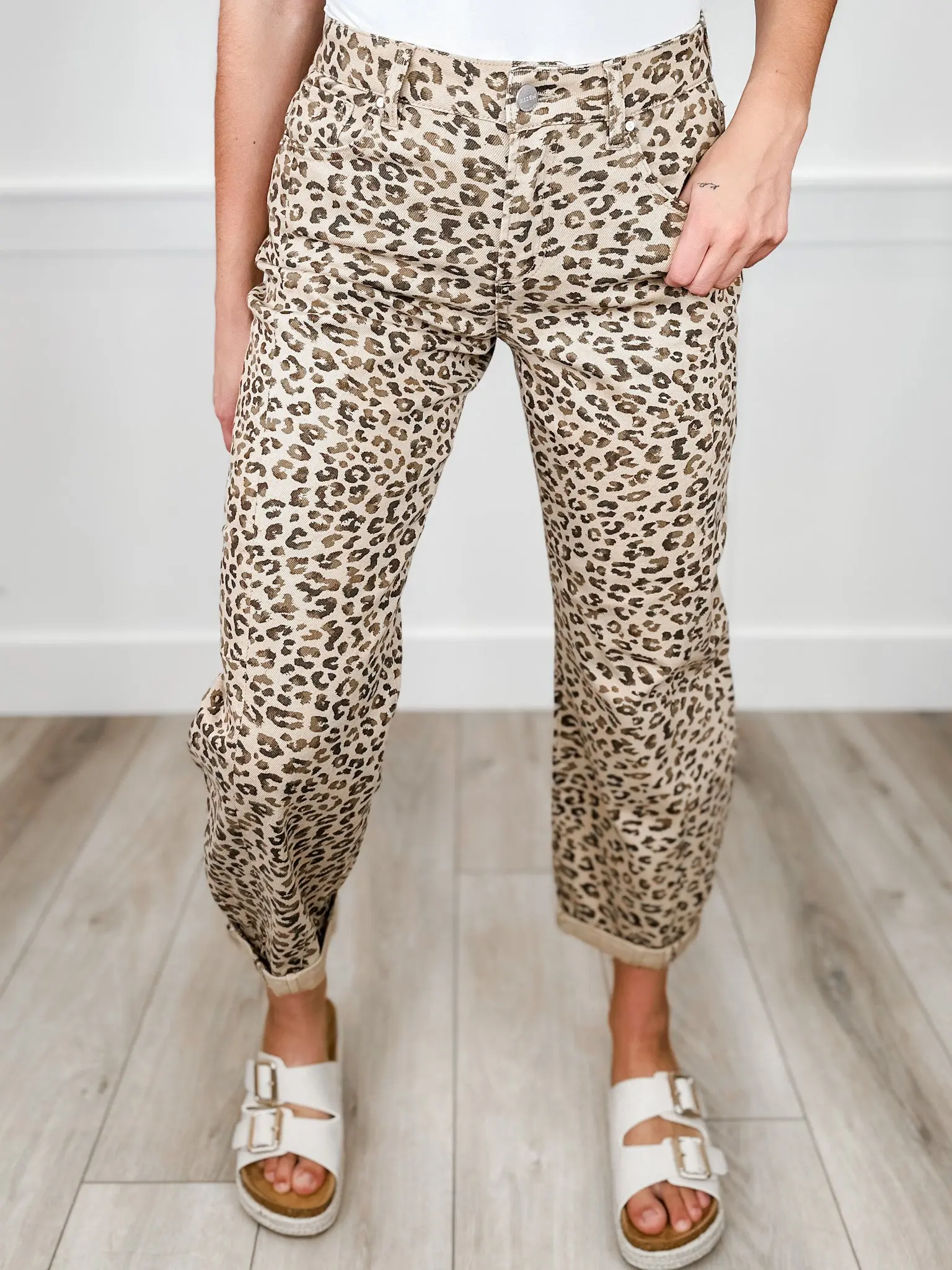 High-Rise Barrel Leg Jeans in a Fashion Leopard Print - Cuffed Cropped Casual Fit, Non-Distressed Cotton