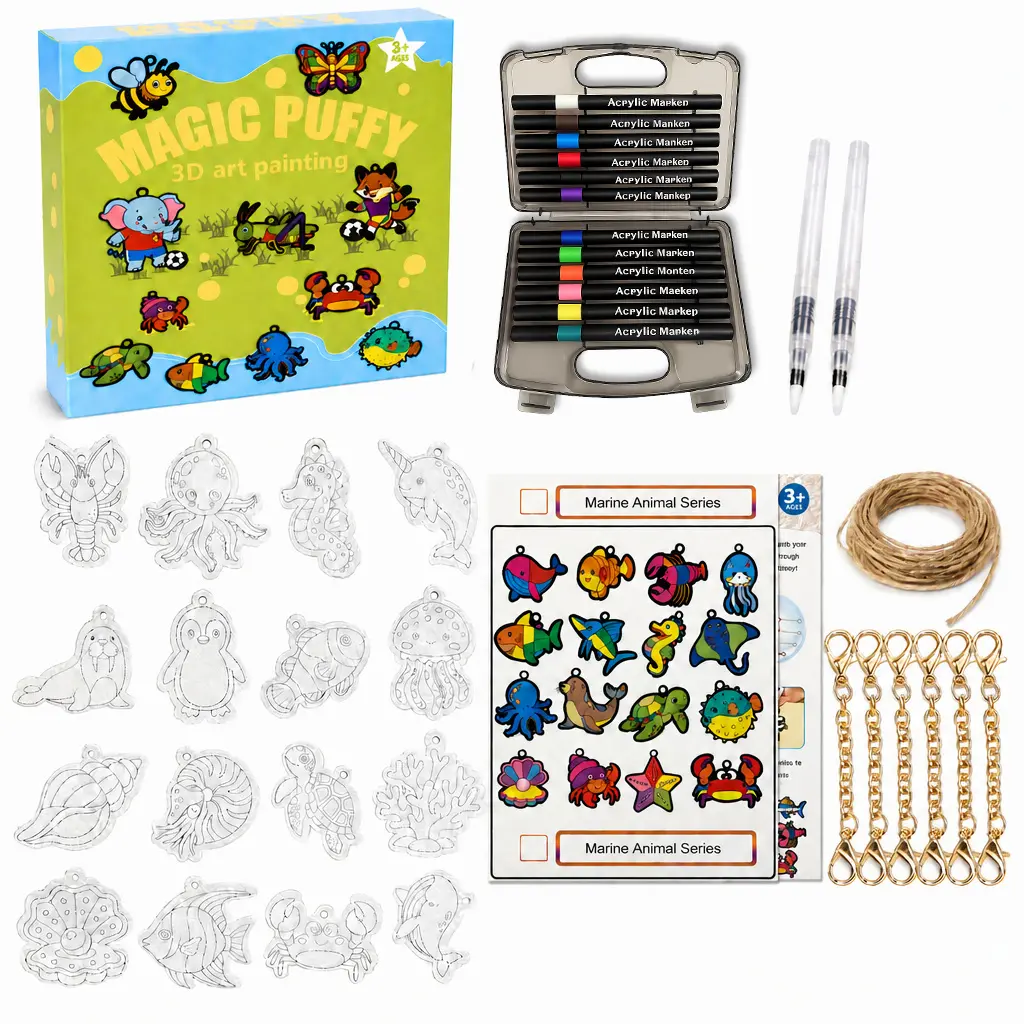 Magic Puffy Art Painting Kit for Kids Ages 3+, 3D Flat-to-Puffy Character Craft Set with Coloring Tools & Templates, Creative Playful Educational DIY Painting Supply for Daily Activities, Creativity