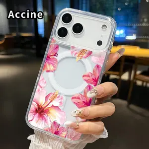 Magnetic Soft Case for iPhone 11 12 13 14 15 16 17 Pro Max Blossoming Hibiscus Grace Pattern Anti-Yellowing Shockproof ultra-thin Silicone Crystal Transparent Acrylic Large Hole Cover Supports Wireless Charging