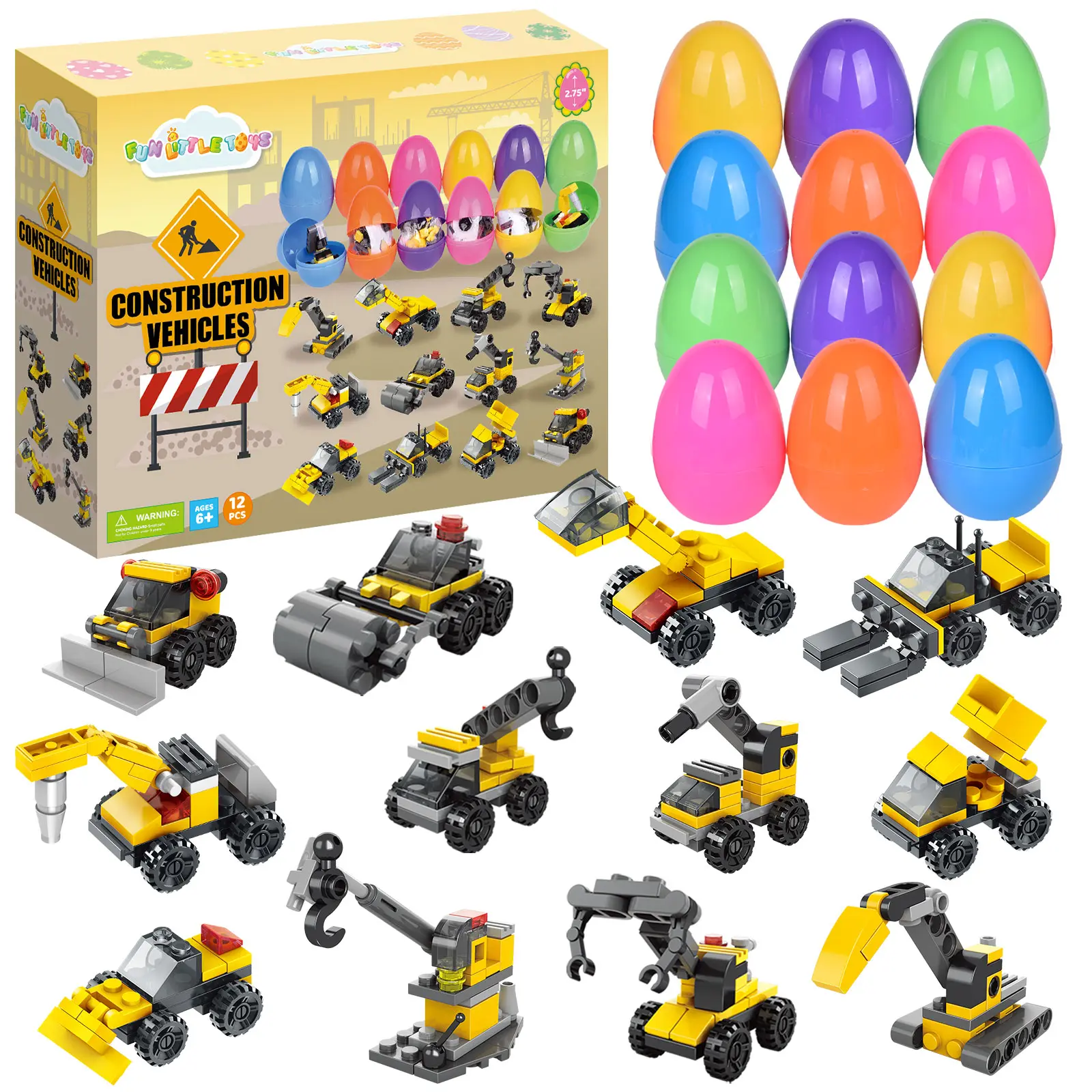 FUN Little Toys 12PCS Building Blocks Easter Eggs – Excavator, Military War Blocks & Construction Vehicle Toys for Egg Hunt surpriseegg prefilled. stuffers basket