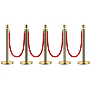 GARVEE Set of 5 Gold Stainless Steel Stanchion Posts with Hollow Bases, 5 Red Velvet Ropes (5 FT Each), Safety Barriers and Carpet Runner for Parties and Events
