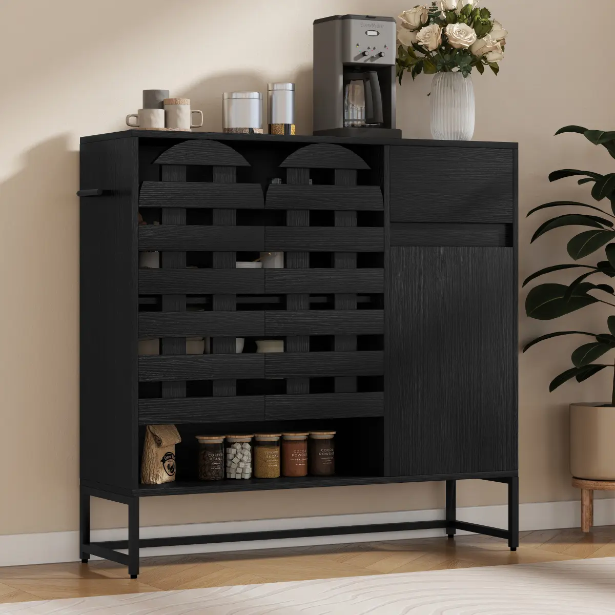 44.3-Inch Freestanding Arched Woven Black Natural Fiber Door Sideboard - Small Spaces Compact, Child-Safe, Rust-Resistant Metal Legs, Anti-Tipping Device, Adjustable Cabinet, Shelves, Drawer for Kitchen, Dining Room