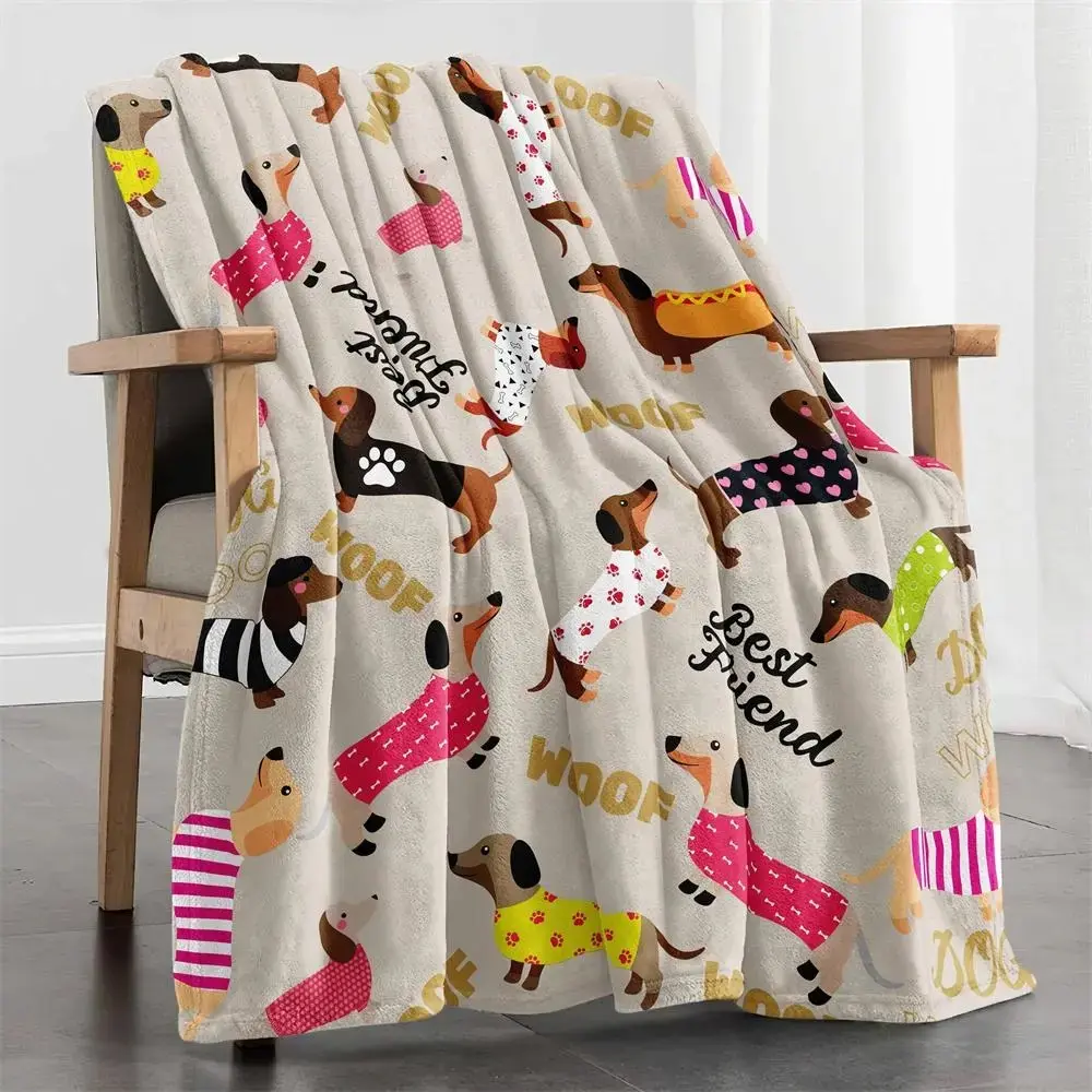 Dopamine Dachshund Pattern Flannel Blanket Soft Comfortable Vibrant Multiple Dachshund Print Perfect Home Decoration for Living Room Bedroom or Outdoor Patio Gift Blanket for Son Daughter Family Friends, Animal Print Blankets, Cartoon Mascot Blankets