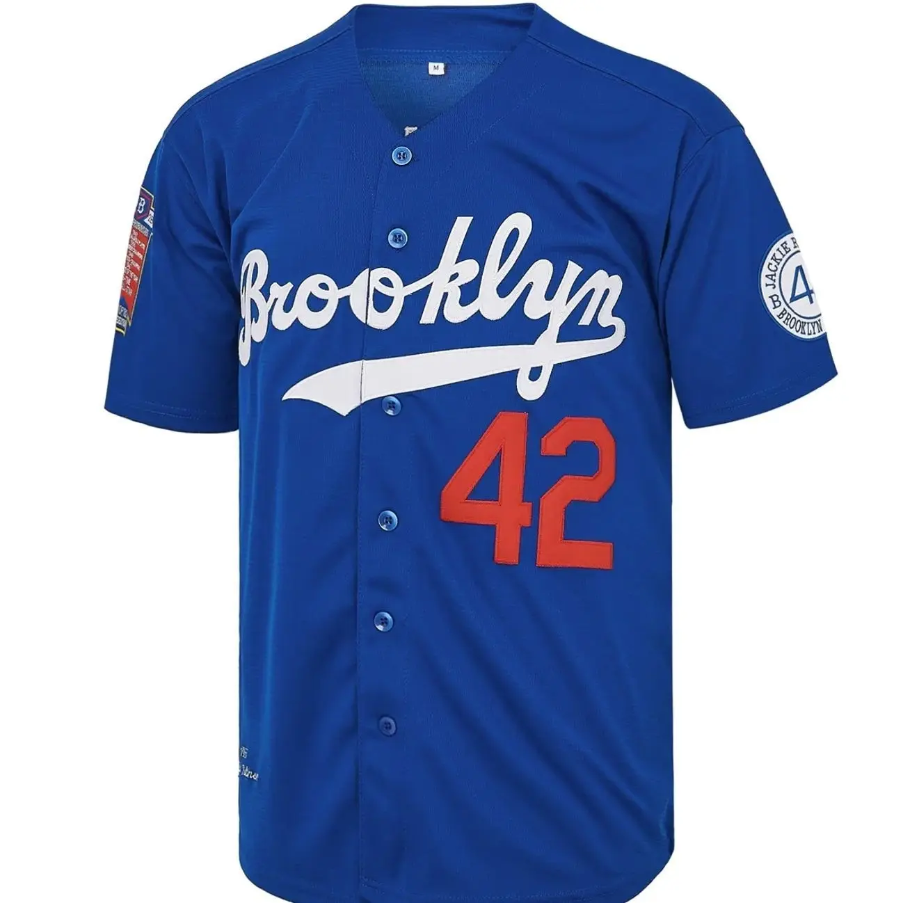 [outdoorfun] Retro 50s Robinson #42 Brooklyn Polyester Short-Sleeve Button-Down Baseball Jersey, White-Blue Embroidery, 50s Retro Vibe, Cold Wash Care, Christmas Festival Gift