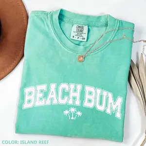 Comfort Colors Retro Palm Trees T-Shirt, Summer Beach Bum Shirts, Trendy Oversized Aesthetic Tee, Women's Letter Print Short Sleeve Tee