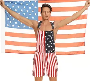 4th of July Stylish American Flag Overalls Soft Stretchy Bib Pants for Summer Streetwear, Independence Day Festivals, National Holiday Gatherings, and Casual Vacation Outfits  Menswear Jumpsuits Rompers
