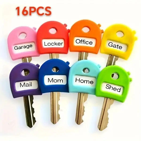 16PCS Colorful Key Caps with Label Windows, Assorted Color Key Identifier Covers, Plastic Key ID Tags with Writable Labels, Key Organizers for Home Office Garage Locker, Easy Key Identification Accessories