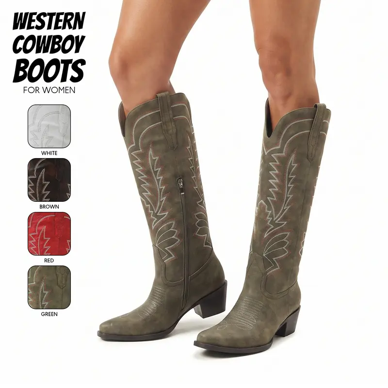 Western Cowboy Boots For Women Knee High Boot Pointed Toe Chunky Block Heel Embroidered Easy Pull on Comfy Wide Calf Side Zipper Vintage Retro Party Festival Country Wedding Rodeos Riding Work Casual Dressy Long Tall Stylish Cowgirl Boots Trendy Footwear