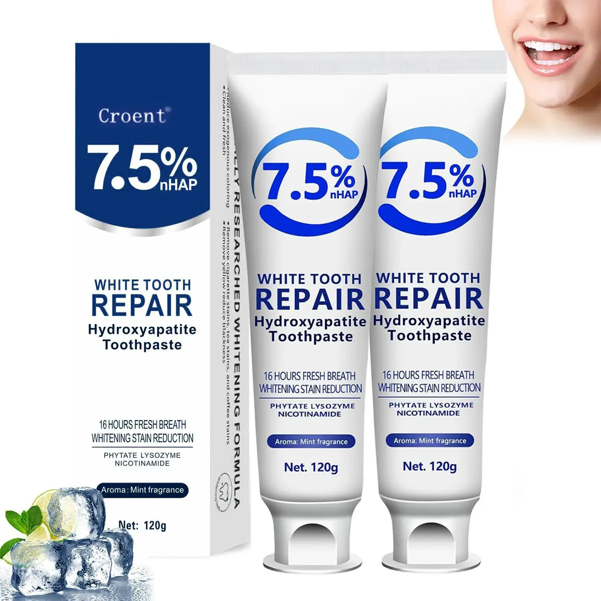 Hydroxyapatite Toothpaste 7.5% Nano n-HAp for Enamel Repair & Whitening Fluoride-Free Gentle Mint Fresh Breath Daily Routine with Remineralization & Sensitivity Relief