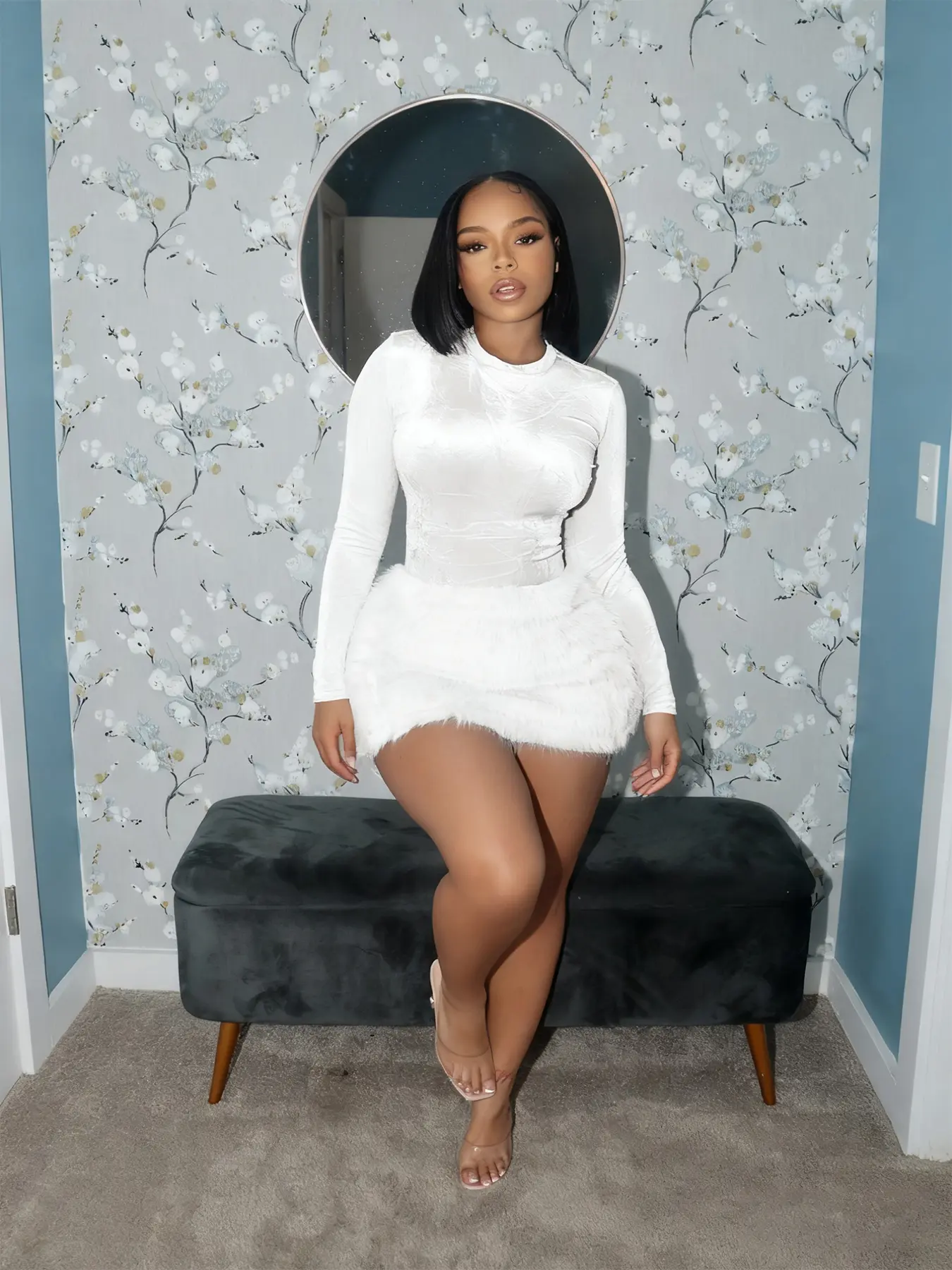 Women's Fashionable Sexy Slim-Fit Long Sleeve Bodysuit Top & Soft Plush Short Skirt Set, Stylish, Fitted, Versatile & Aesthetic Design Two-Piece Set for Autumn and Winter, Chic Outfit Clothes