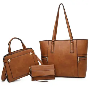 3-in-1 Large Faux Leather Tote Set with Mini Satchel and a Wristlet