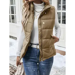 Women's Casual Zipper Closure Stand Collar Padded Padded Puffer Vest, Warm For Autumn/Winter Clothes, Womenswear