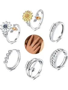 6Pcs Fidget Anxiety Rings for Women Spinner Fidget Rings for Anxiety Adjustable Flower Bead Stress Relief Spinning Stackable Statement Multi Ring Set, Green