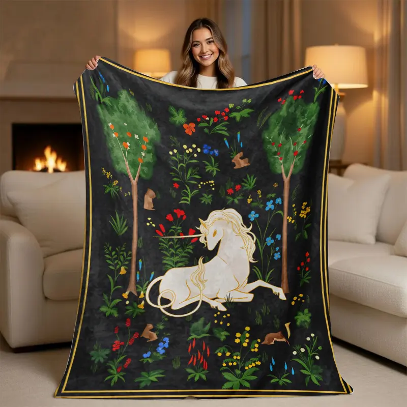 Medieval Unicorn Tapestry Throw Blanket - Vintage Millefleurs Aesthetic Fleece Flower Blanket, Dark Academia Fantasy Decor, Soft Plush Art Graphic Piece, Mystical Gift for Her, Flower Blankets, Art Graphic Blankets