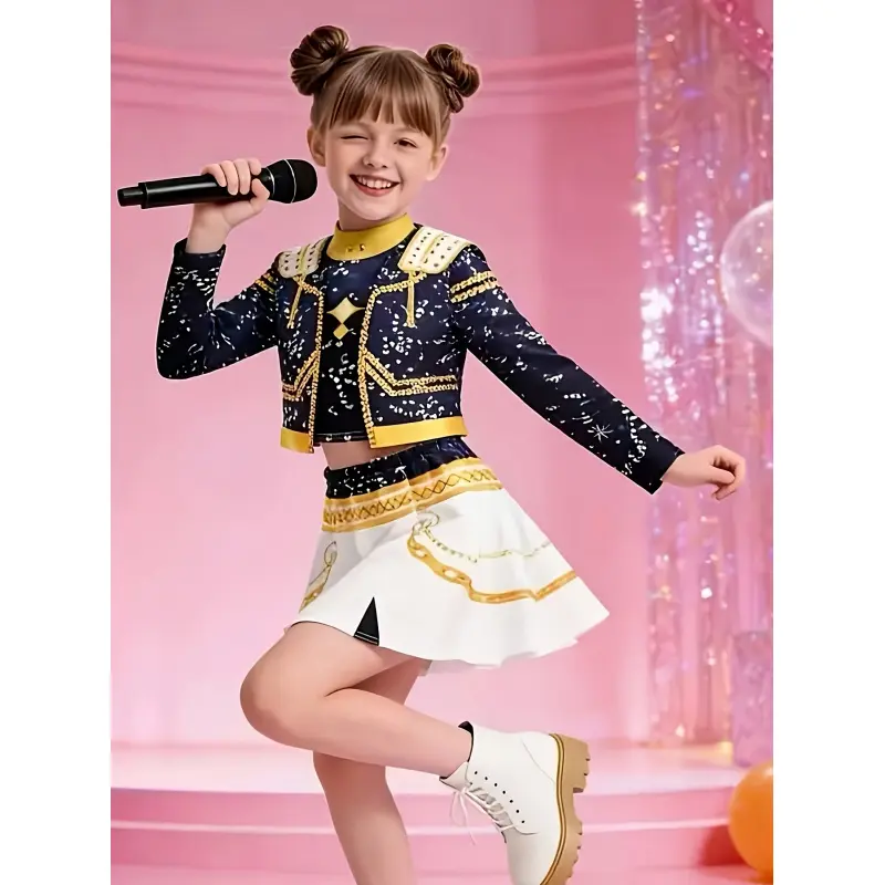 Kids' White Kpop Performance Suit - 3pcs Cheerleading Dress, Party Wear, Festival Costume for Idol Singer Stage Events, Stage Outfits