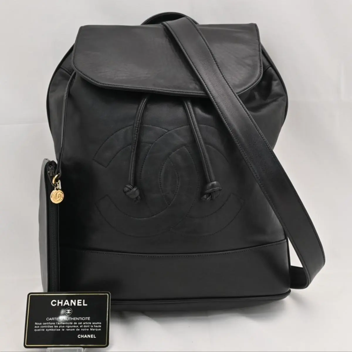 Pre-owned CHANEL As Shown Backpacks Coco Mark Drawstring 2Way Backpack Black Gold Hardware ch16146kk