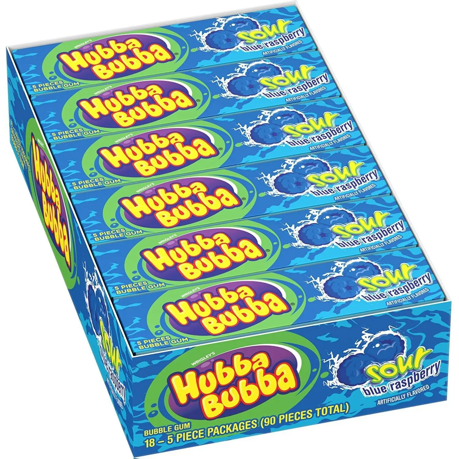 Hubba Bubba Sour Blue Raspberry Bubble Gum, 5-Piece Packs (Pack of 18), Individually Wrapped Chewy Fruity Flavor for Big Bubble Blowing Contests, Soft Snack for Friends, Chewing Gum