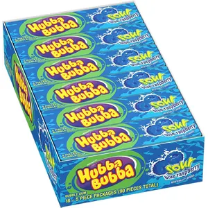 Hubba Bubba Sour Blue Raspberry Bubble Gum 5 Piece Pack of 18 Individually Wrapped Chewy Fruity Flavor for Big Bubble Blowing Contests Snack Soft