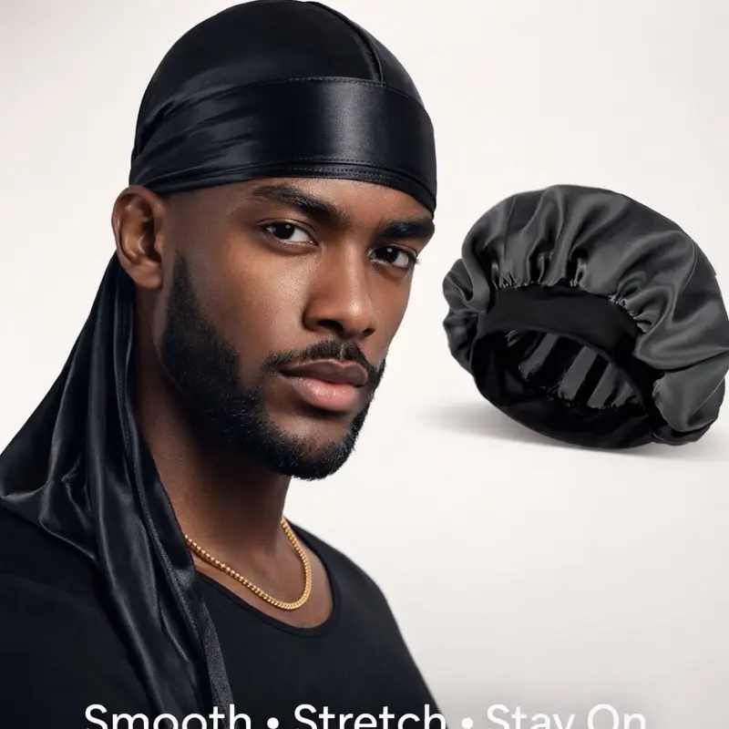 Men's 3-Piece Silk Satin Durag and Bonnet Set - Breathable, Hydrating Haircare Styling Sleep Cap for Adult Anti-Frizz Hair Protection, Adults
