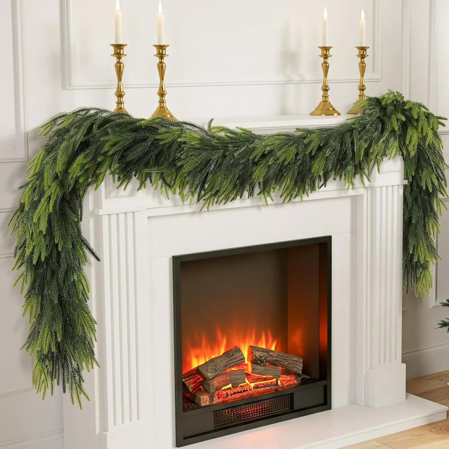 9FT Christmas Norfolk Pine Garland Real Touch Pine Artificial Garlands Faux Greenery Garland Winter Christmas Garland for Table Mantle Fireplace Indoor Outdoor Xmas Decorations (1 Pcs)