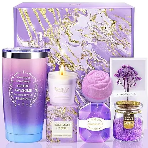 Christmas Gifts for Women, Spa Gift Basket for Mom, Wife, Sister, Girlfriend – Birthday Gifts for Her, Relaxing Self Care Gift Set, Holiday Gift Ideas for Women – Purple Pamper Set