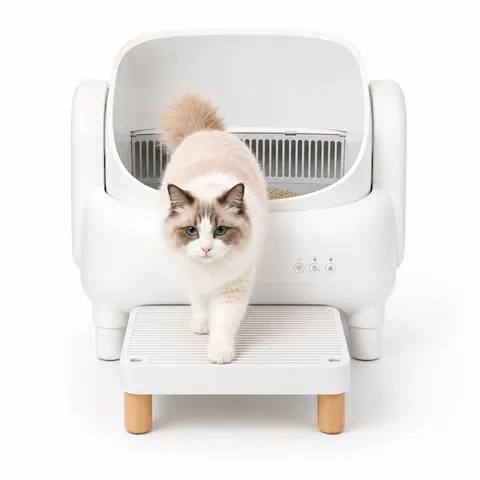 Misofog XL Wood-Legged Cat Litter Box Entry Aid - 11.8"x7.9"x3.6" ABS Step-Ramp, Large Mesh Pedal Trapper, Non-Slip Elevated Step, Easy-Clean Floor Protector, Tracking Reducer for Automatic Litter Boxes, Pet Lovers