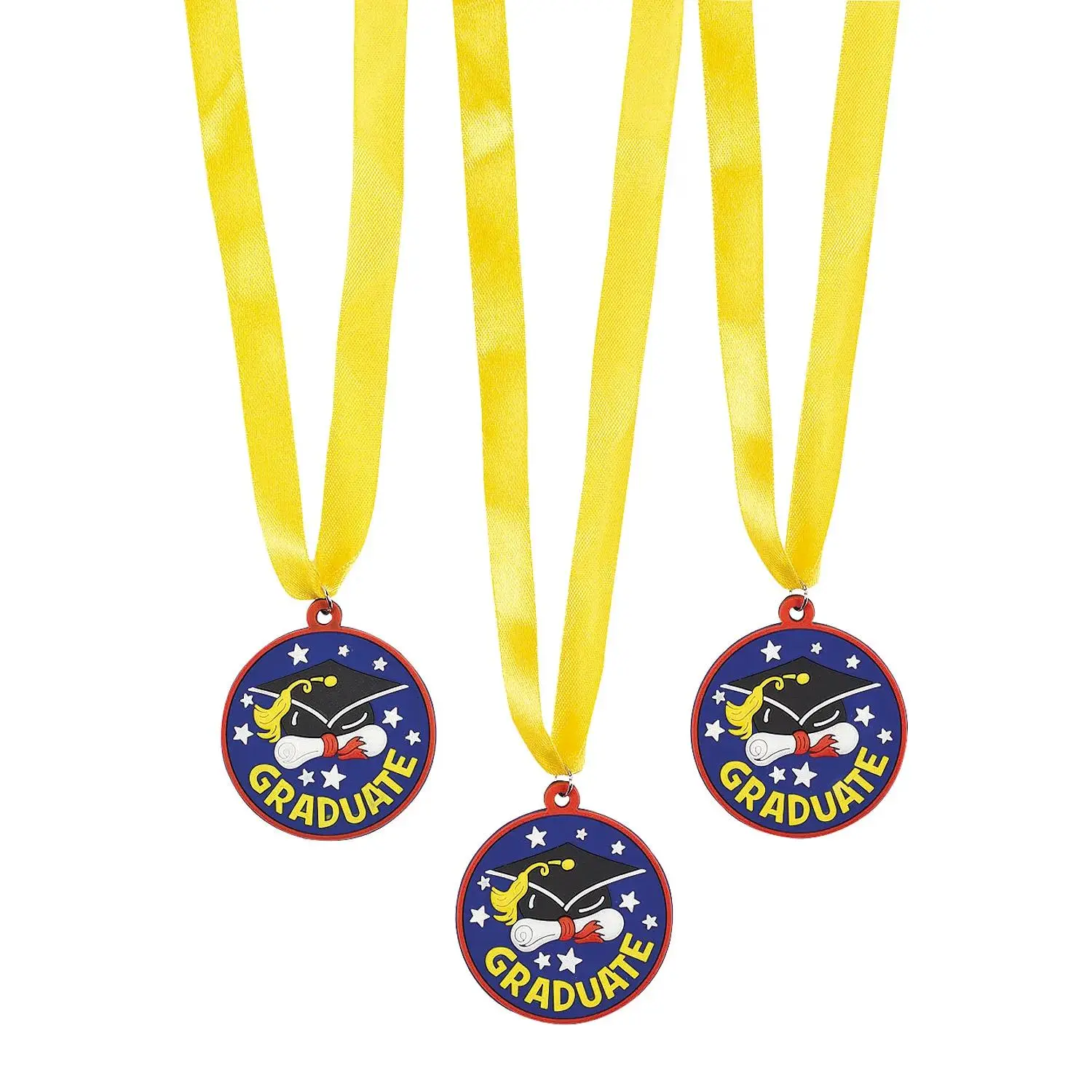 Fun Express 2" Graduate Hat & Diploma Blue & Yellow Plastic Award Medals - 12 Pc.